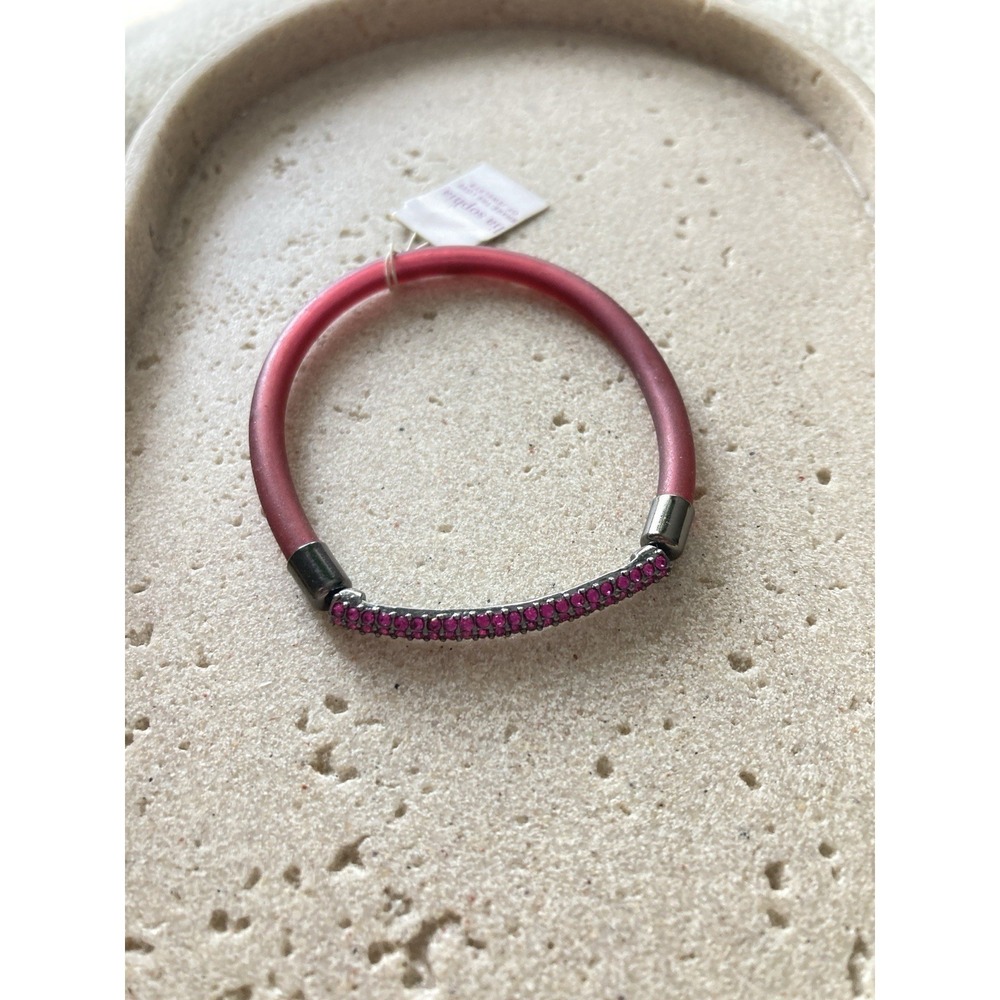 NEW Lia Sophia Pink Rhinestone Bracelet Silver‎ Tone Pave Bar Rubber Stretch